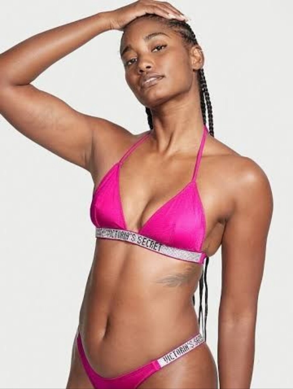 Victoria's Secret Hot Pink Satin Halter Triangle Bikini Top Rhinestone Small